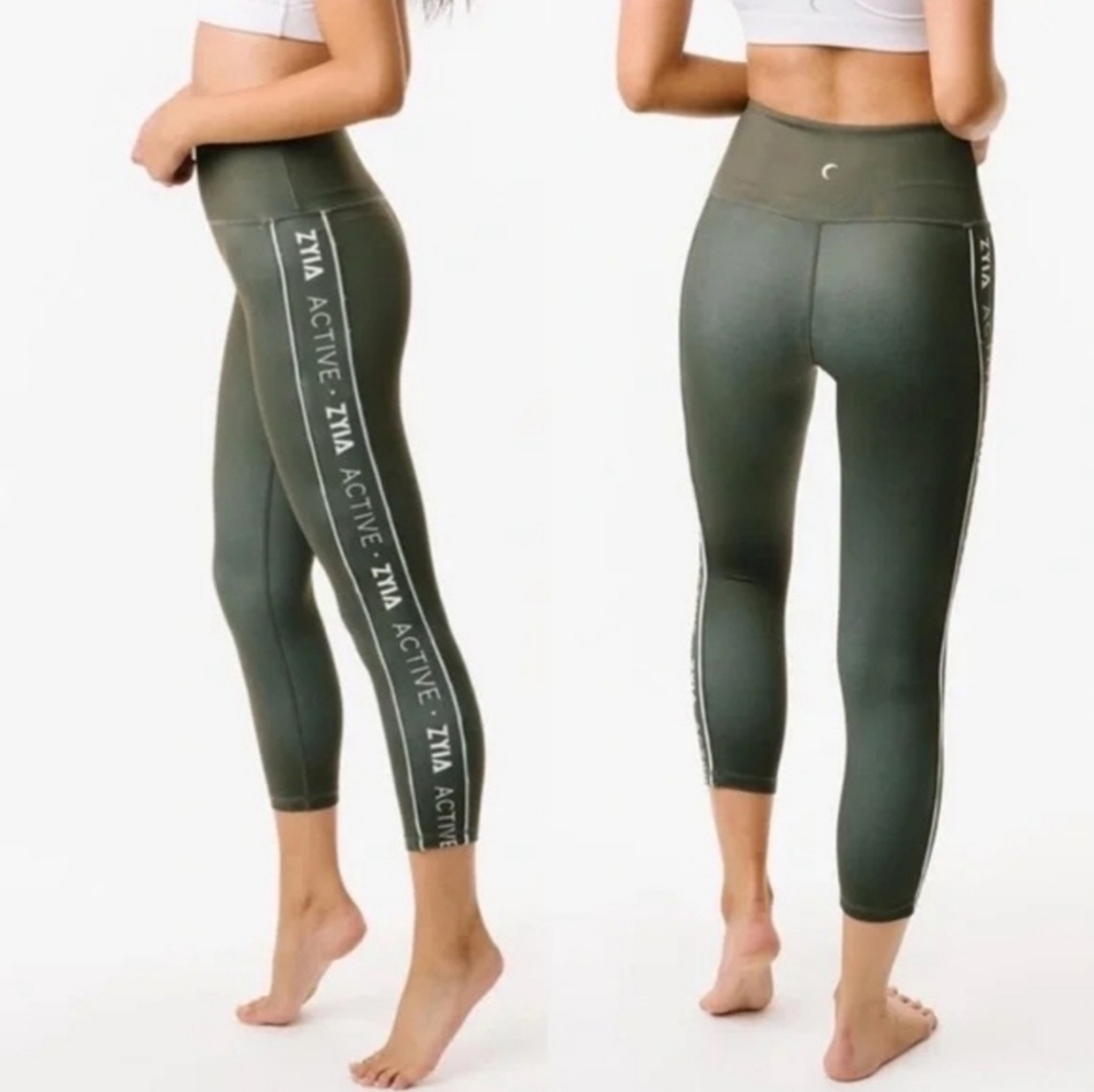 Zyia Active Olive Logo Stripe Light n Tight High Rise Capri Leggings
